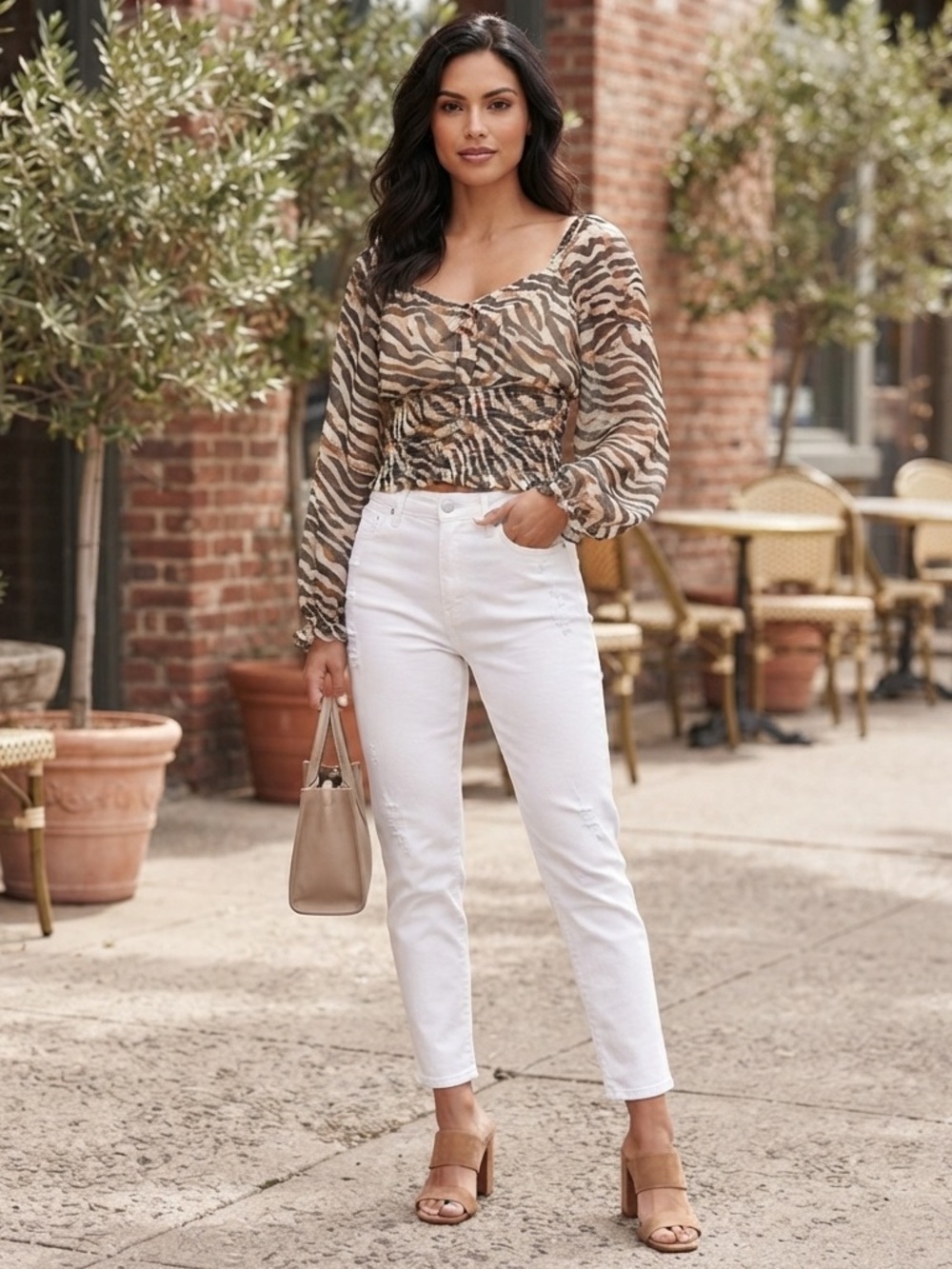 Bloom Animal Print Long Sleeve Smocked Cropped Top